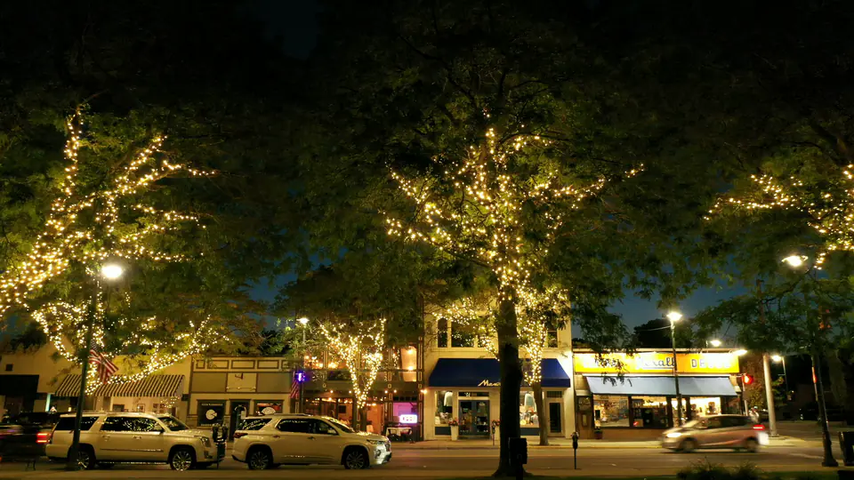 A slow sideways pass along lit storefronts beneath street trees wrapped in warm white lights at night.